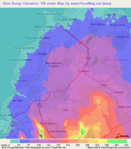 Bois Rouge,Mauritius Elevation Map