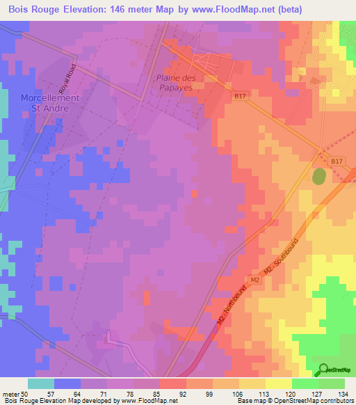 Bois Rouge,Mauritius Elevation Map