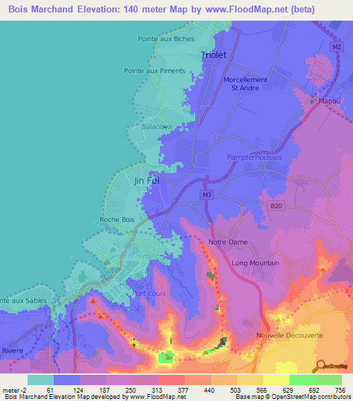 Bois Marchand,Mauritius Elevation Map