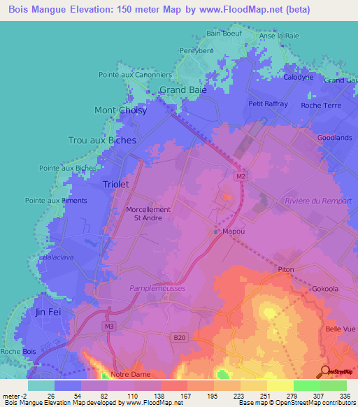 Bois Mangue,Mauritius Elevation Map