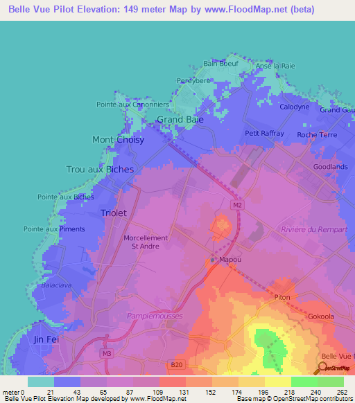 Belle Vue Pilot,Mauritius Elevation Map