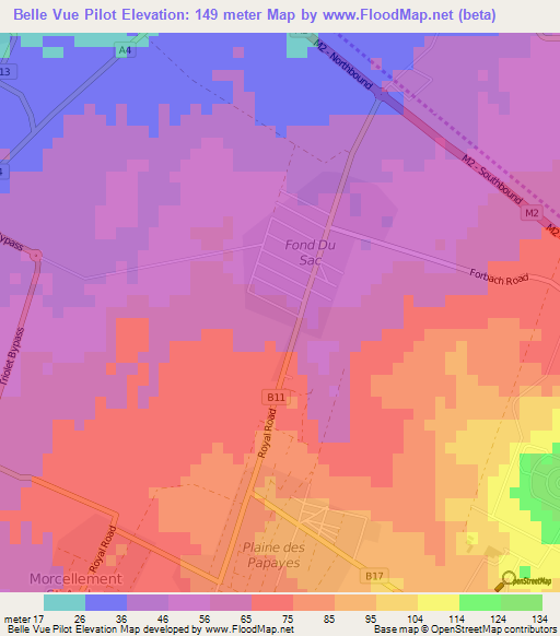 Belle Vue Pilot,Mauritius Elevation Map