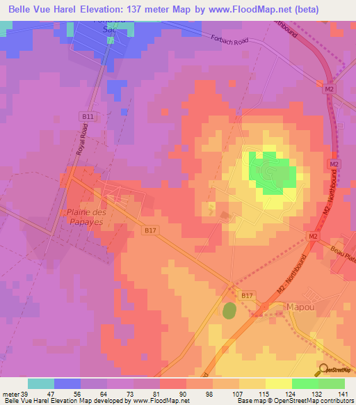 Belle Vue Harel,Mauritius Elevation Map