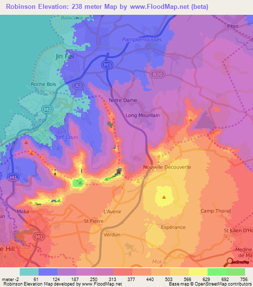 Robinson,Mauritius Elevation Map