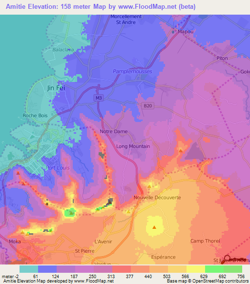 Amitie,Mauritius Elevation Map