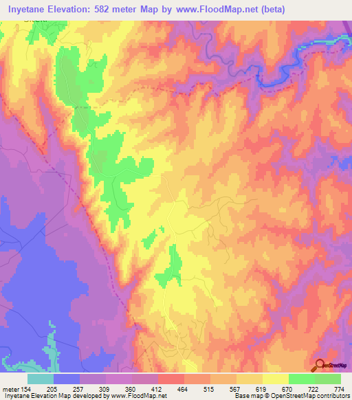 Inyetane,Swaziland Elevation Map