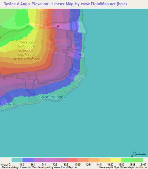 Ravine d'Ango,Reunion Elevation Map