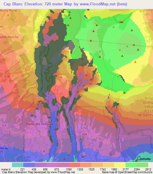 Elevation of Cap Blanc,Reunion Elevation Map, Topography, Contour