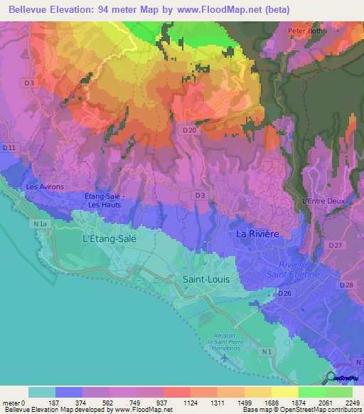 Bellevue,Reunion Elevation Map