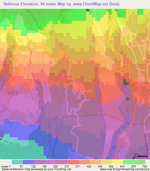 Bellevue,Reunion Elevation Map