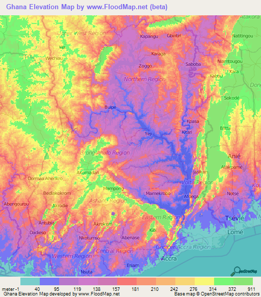 Ghana Elevation Map