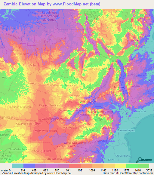 Zambia Elevation Map