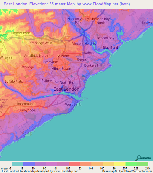 East London,South Africa Elevation Map