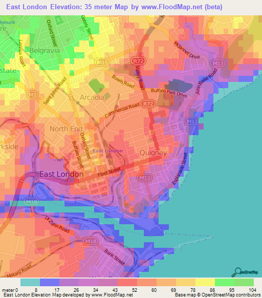 East London,South Africa Elevation Map