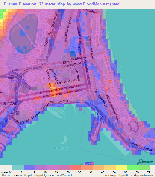 Durban,South Africa Elevation Map