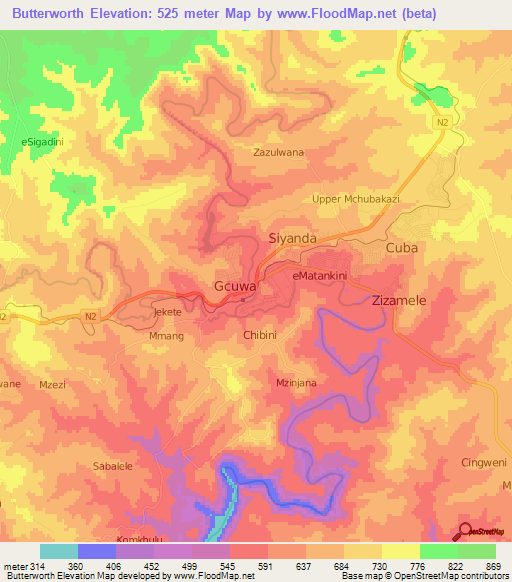 Butterworth,South Africa Elevation Map