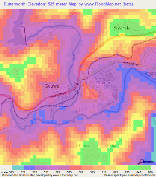 Butterworth,South Africa Elevation Map