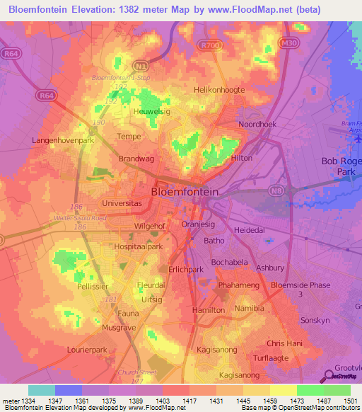 Bloemfontein,South Africa Elevation Map