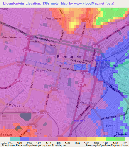 Bloemfontein,South Africa Elevation Map