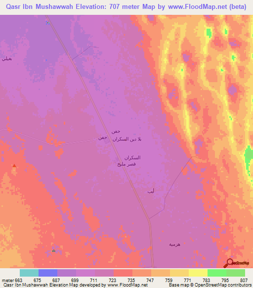 Qasr Ibn Mushawwah,Saudi Arabia Elevation Map