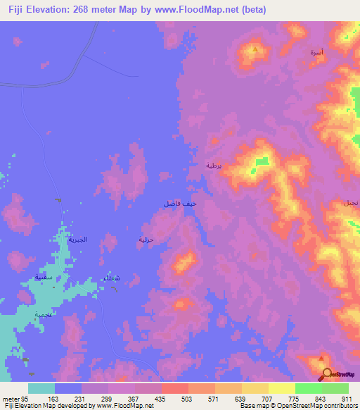 Fiji,Saudi Arabia Elevation Map