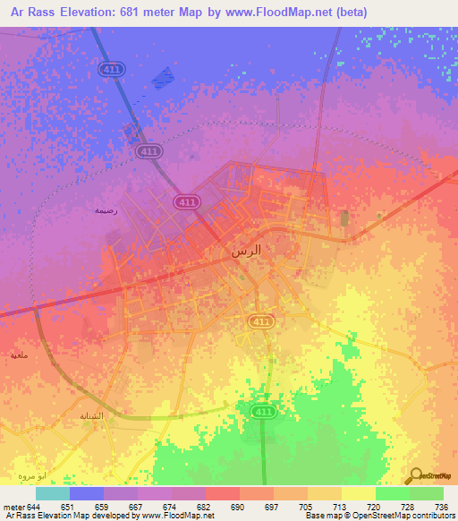 Ar Rass,Saudi Arabia Elevation Map