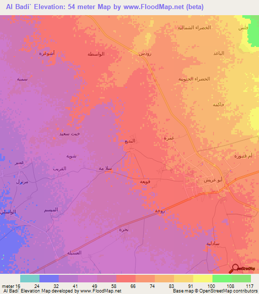 Al Badi`,Saudi Arabia Elevation Map