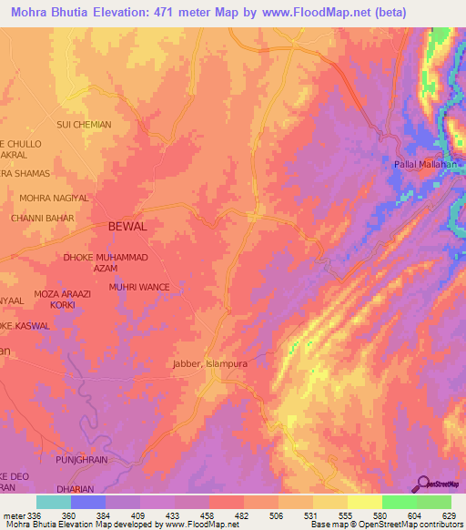 Mohra Bhutia,Pakistan Elevation Map