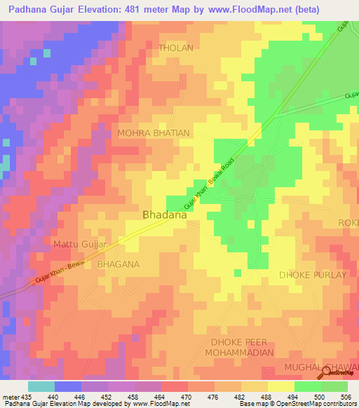 Padhana Gujar,Pakistan Elevation Map