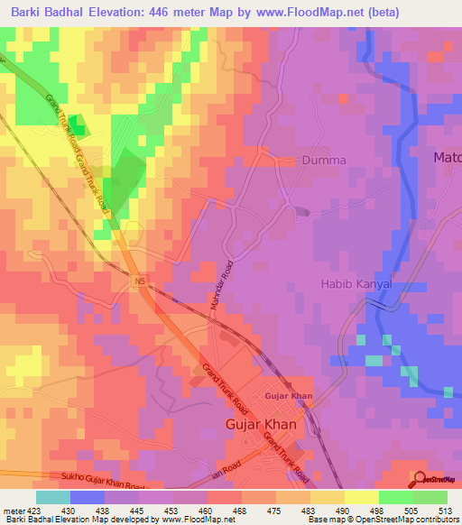 Barki Badhal,Pakistan Elevation Map