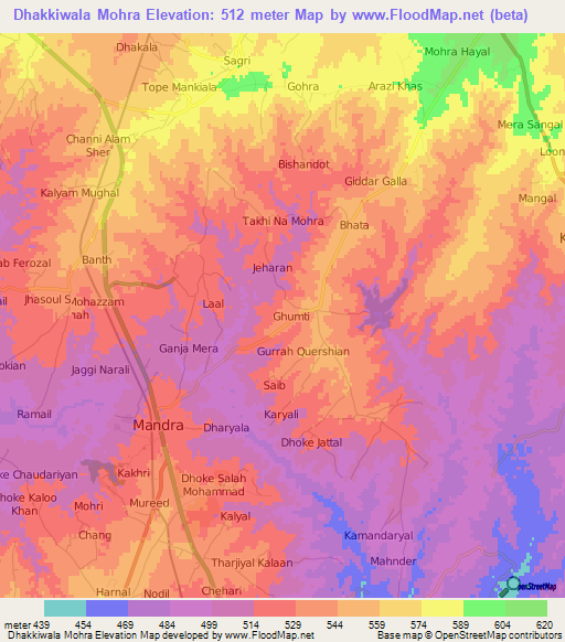 Dhakkiwala Mohra,Pakistan Elevation Map
