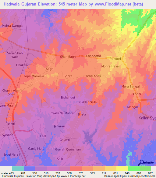 Hadwala Gujaran,Pakistan Elevation Map