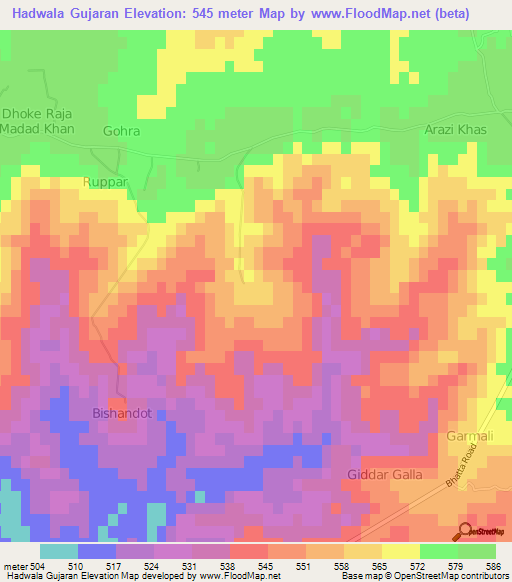 Hadwala Gujaran,Pakistan Elevation Map