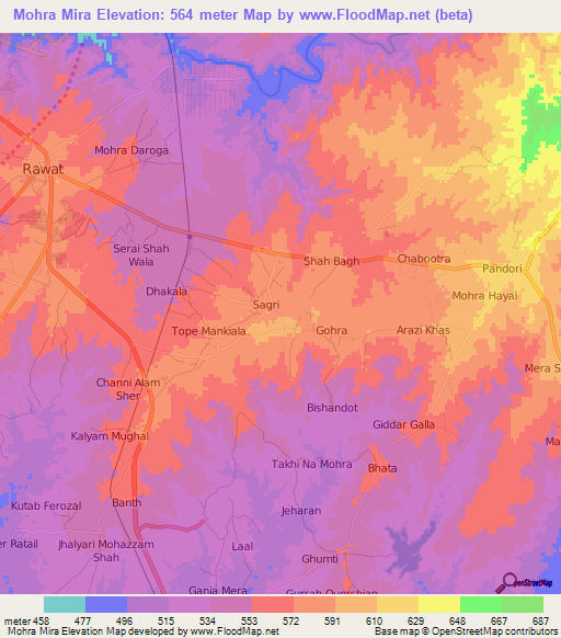 Mohra Mira,Pakistan Elevation Map