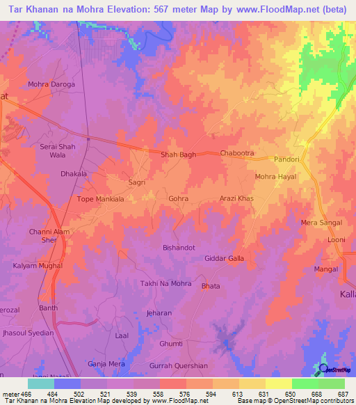 Tar Khanan na Mohra,Pakistan Elevation Map