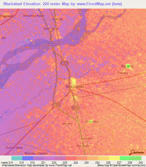 Wazirabad,Pakistan Elevation Map