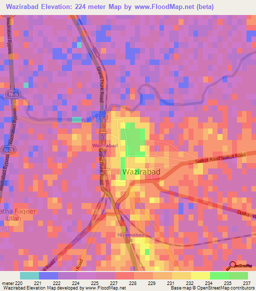 Wazirabad,Pakistan Elevation Map