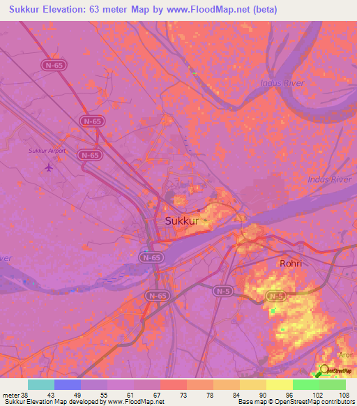 Sukkur,Pakistan Elevation Map