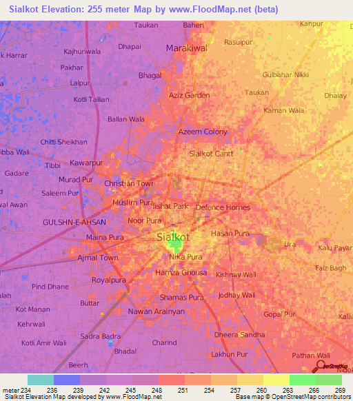 Sialkot,Pakistan Elevation Map