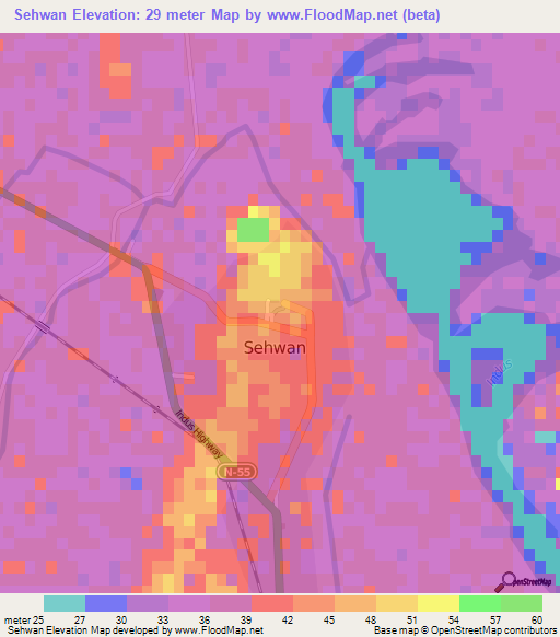 Sehwan,Pakistan Elevation Map