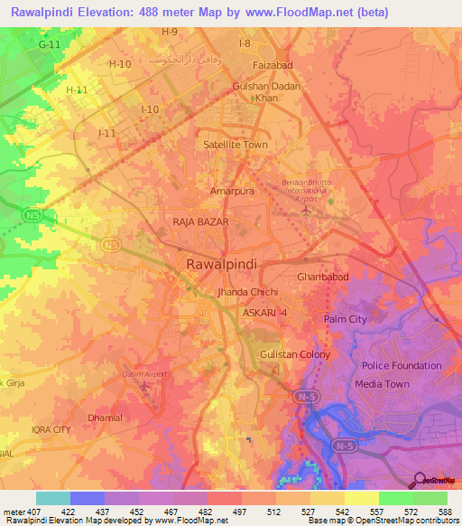 Rawalpindi,Pakistan Elevation Map