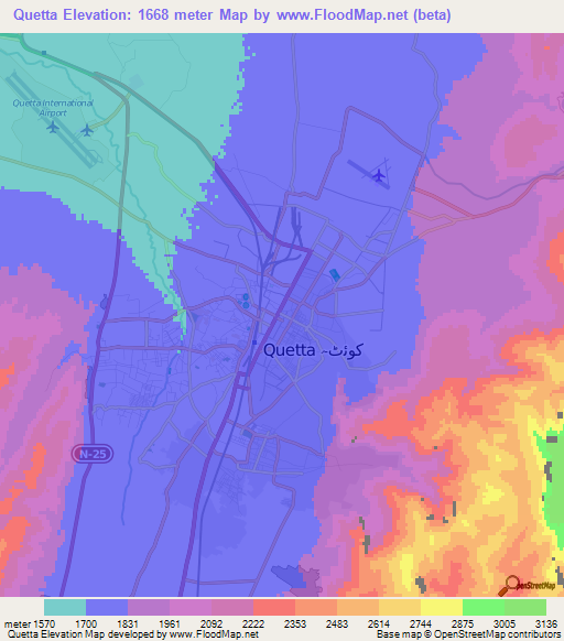 Quetta,Pakistan Elevation Map