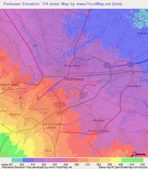 Peshawar,Pakistan Elevation Map