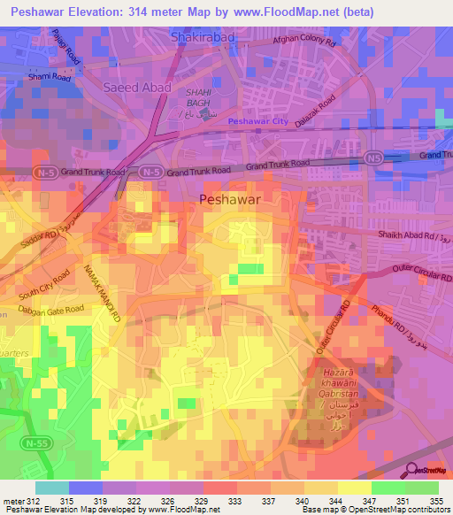 Peshawar,Pakistan Elevation Map