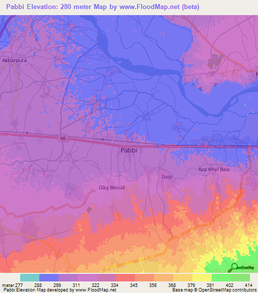 Pabbi,Pakistan Elevation Map