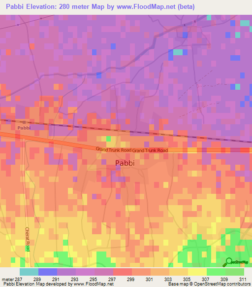 Pabbi,Pakistan Elevation Map