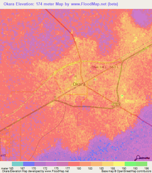 Okara,Pakistan Elevation Map