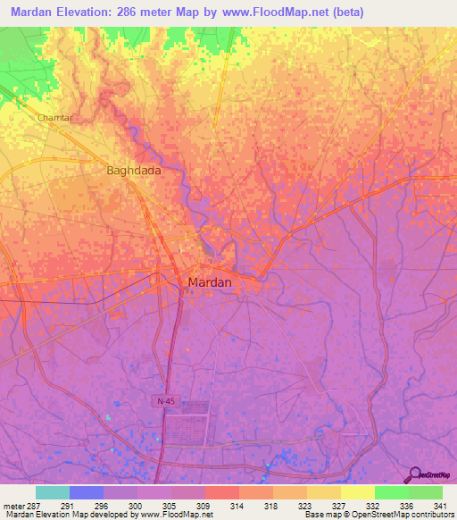 Mardan,Pakistan Elevation Map