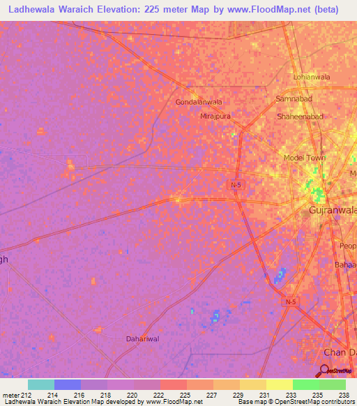 Ladhewala Waraich,Pakistan Elevation Map