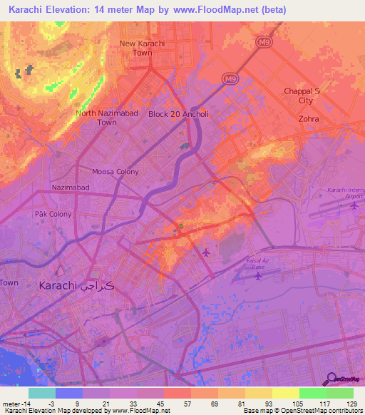 Karachi,Pakistan Elevation Map